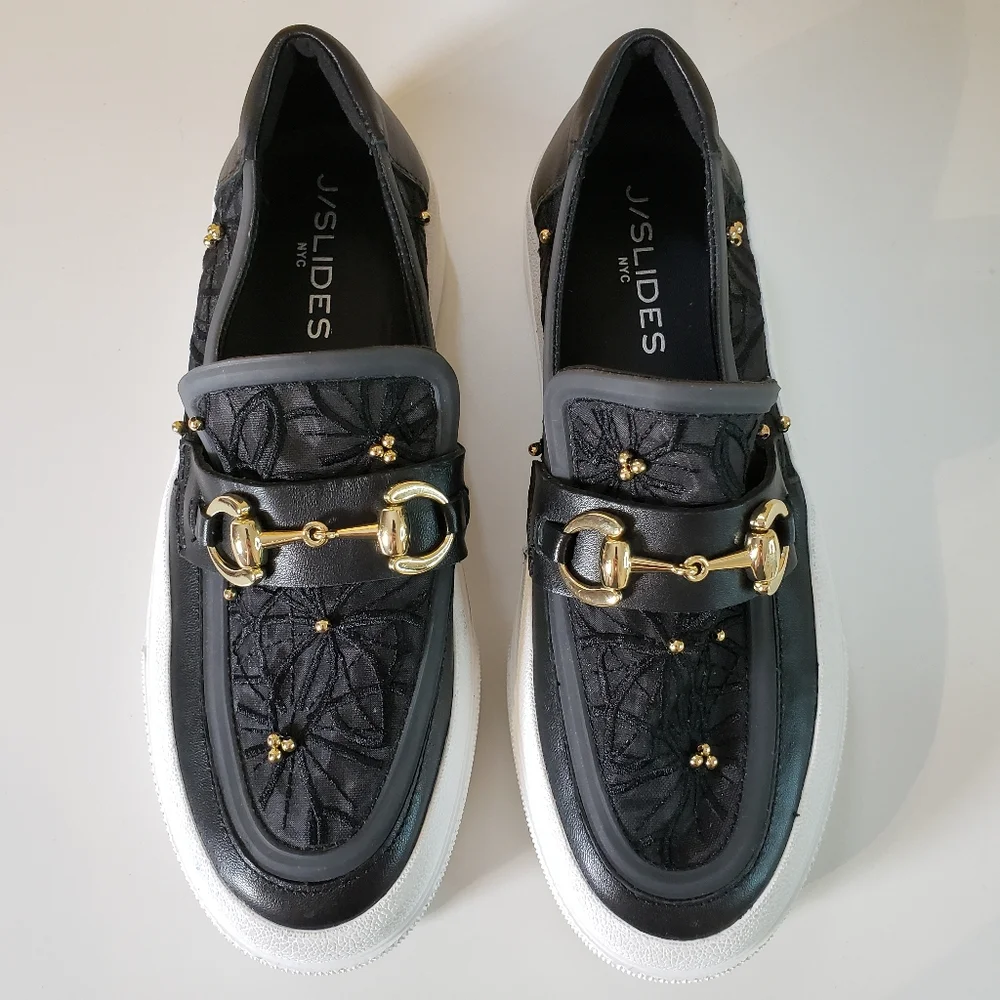 J Slides Black Lace Platform Loafers with Gold Hardware